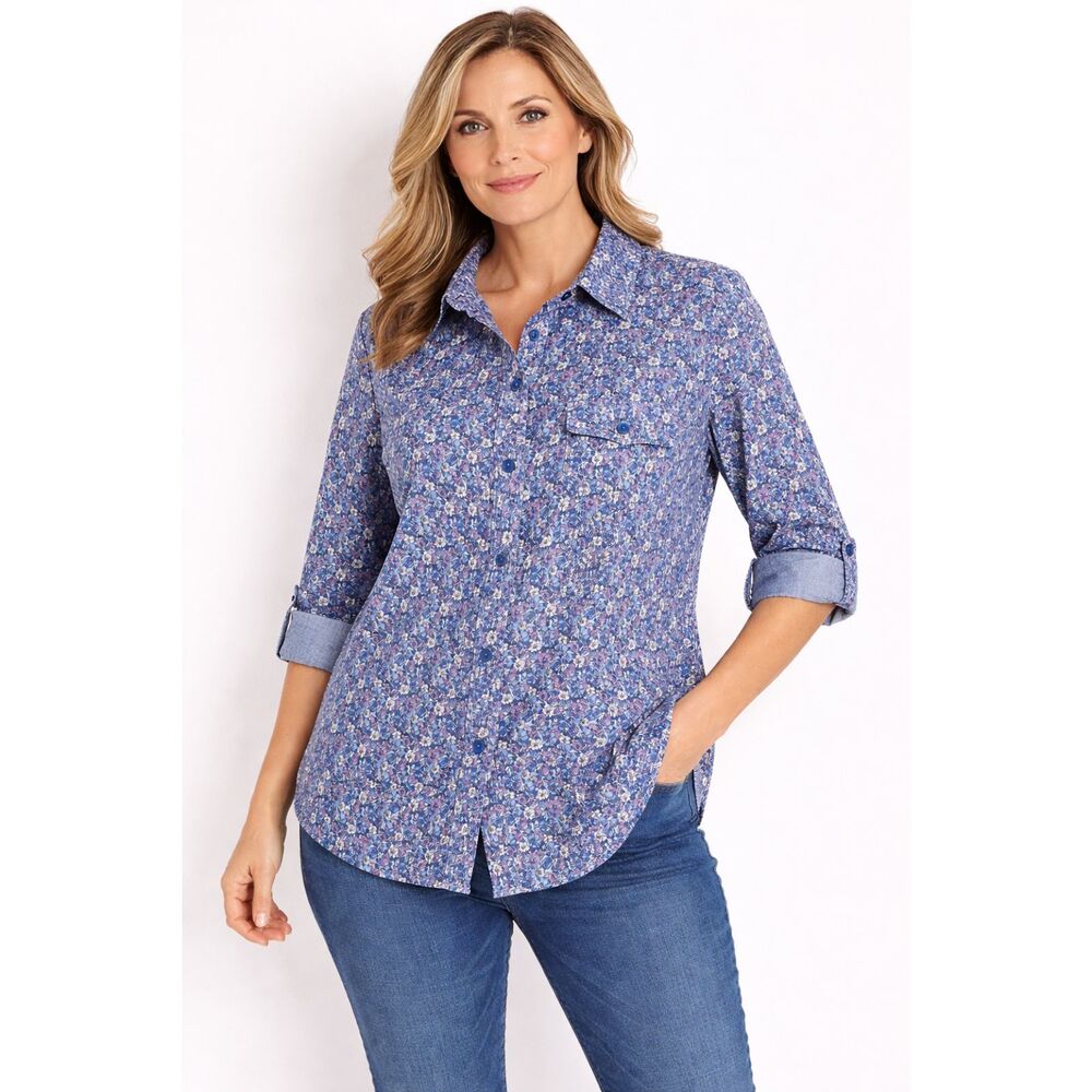Karen Scott Ditsy Floral Utility Blouse Cottagecore Boho  Size L 100% Cotton